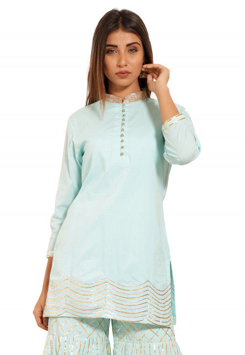 Embroidered Cotton Kurti in Sky Blue