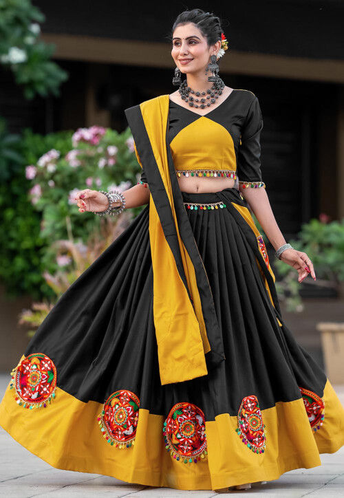 Embroidered Cotton Lehenga in Black and Yellow