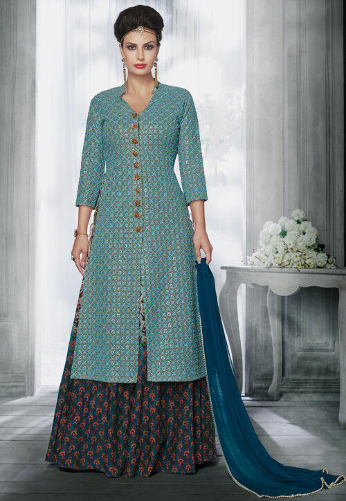 Embroidered Georgette Lehenga in Sky Blue