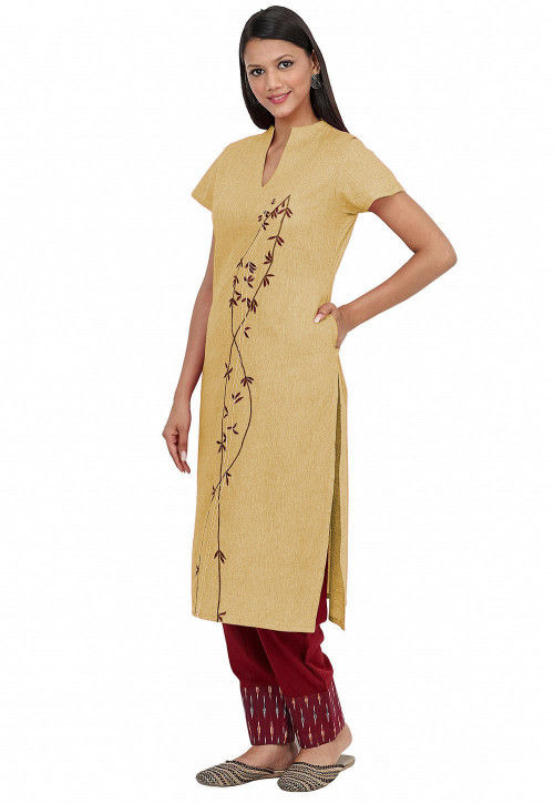 Embroidered Cotton Linen Top N Bottom in Beige