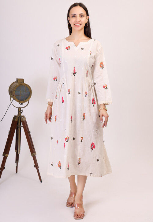 Embroidered Cotton Long Kurta in Off White