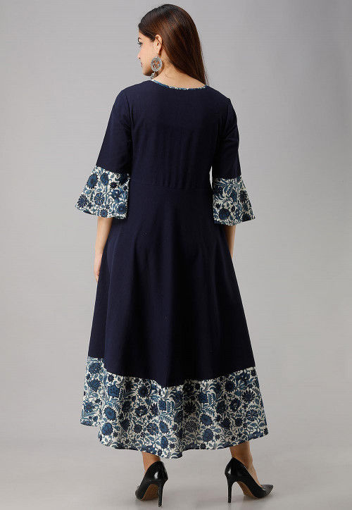 Embroidered Cotton Midi Dress in Navy Blue : TUH55