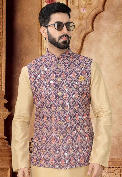 Embroidered Cotton Nehru Jacket in Purple