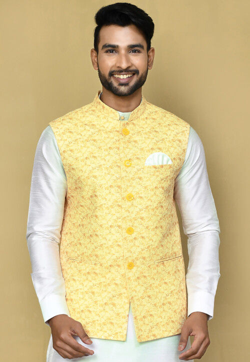 Embroidered Art Silk Nehru Jacket in Light Yellow : MHG2218