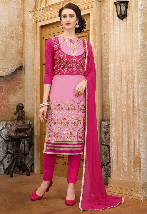 Buy Embroidered Cotton Pakistani Suit in Baby Pink and Fuchsia Online ...