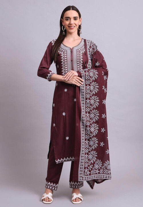 Embroidered Cotton Pakistani Suit in Brown