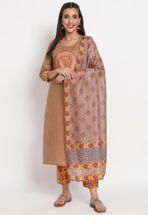 Embroidered Cotton Pakistani Suit in Brown