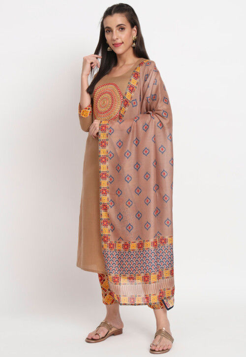 Embroidered Cotton Pakistani Suit in Brown