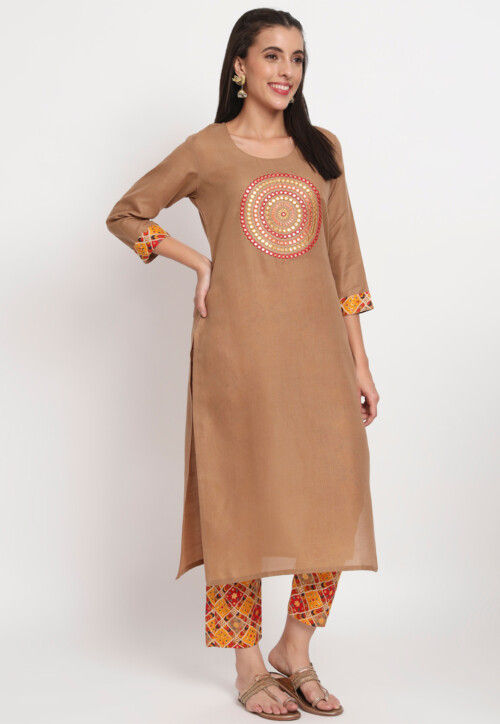 Embroidered Cotton Pakistani Suit in Brown