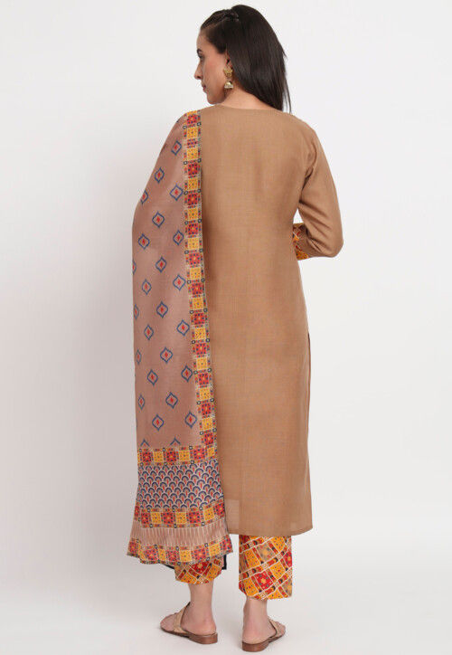 Embroidered Cotton Pakistani Suit in Brown