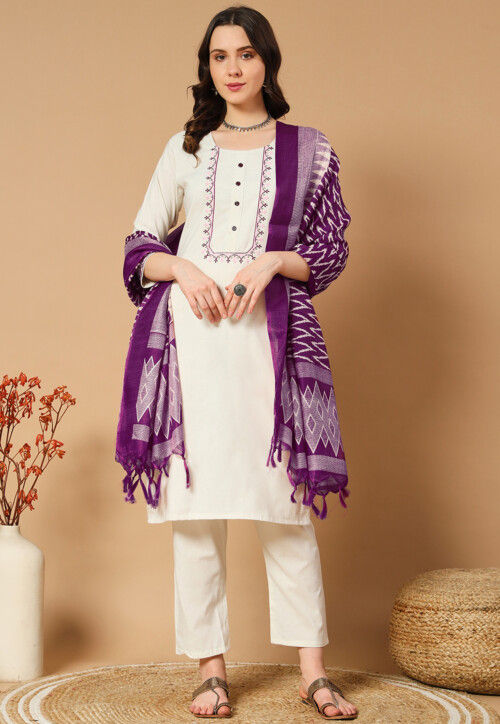 Embroidered Cotton Pakistani Suit in Cream