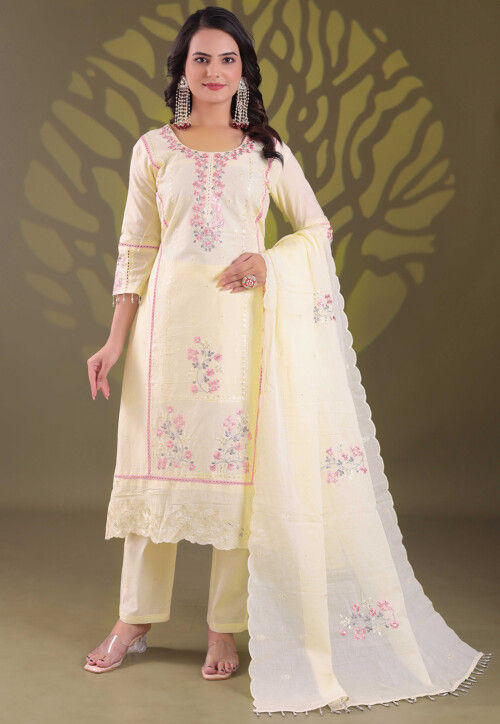 Embroidered Cotton Pakistani Suit in Cream