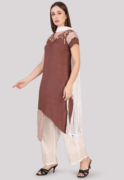 Embroidered Cotton Pakistani Suit in Dark Brown