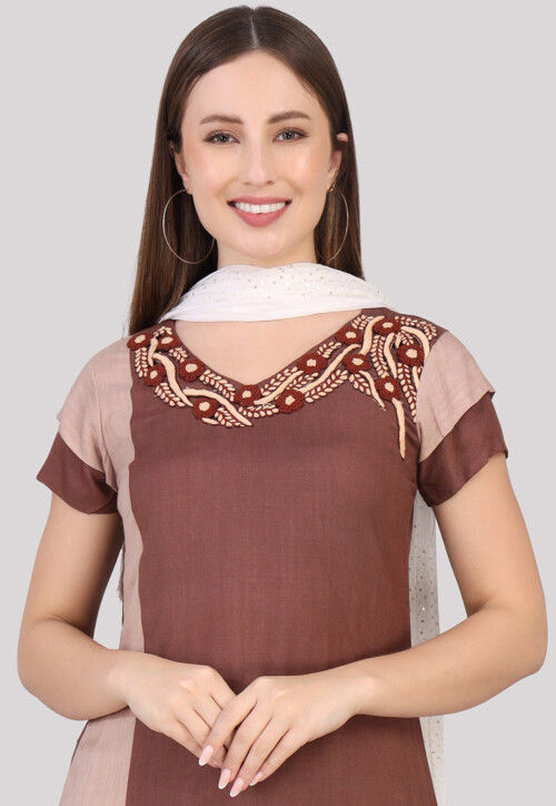 Embroidered Cotton Pakistani Suit in Dark Brown