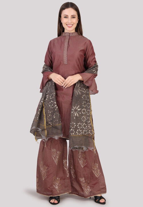 Embroidered Cotton Pakistani Suit in Dark Brown