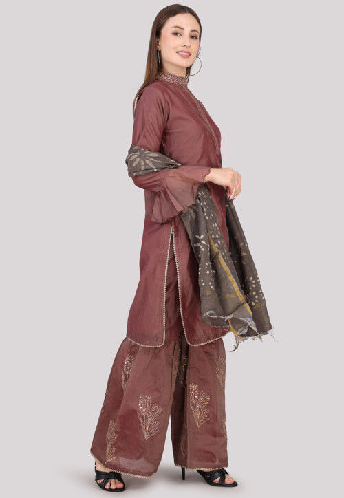 Embroidered Cotton Pakistani Suit in Dark Brown