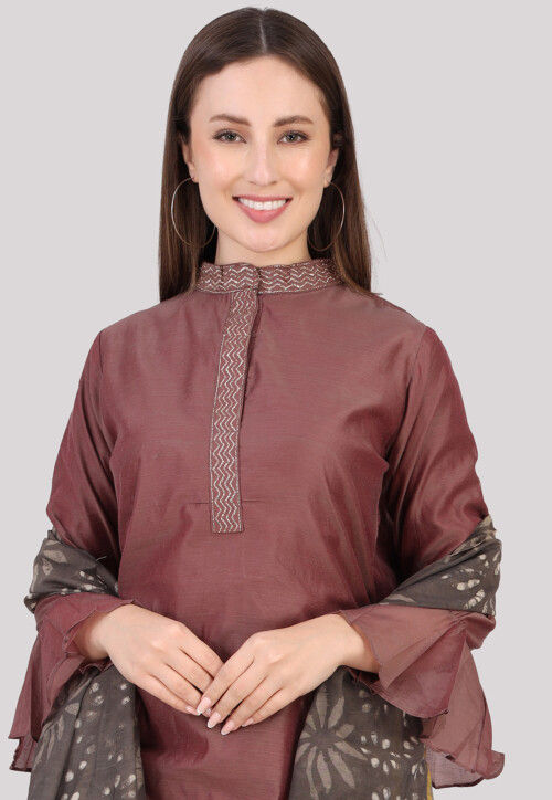 Embroidered Cotton Pakistani Suit in Dark Brown