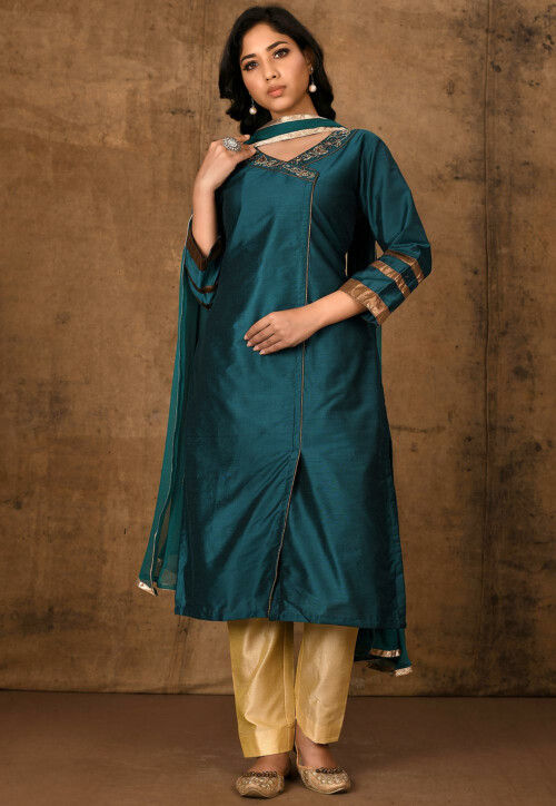 Embroidered Cotton Pakistani Suit in Dark Teal Green