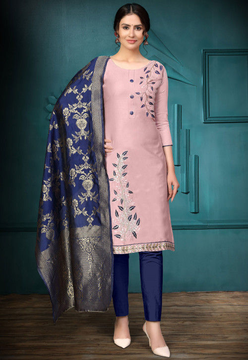 Embroidered Cotton Pakistani Suit in Dusty Pink : KQU3240
