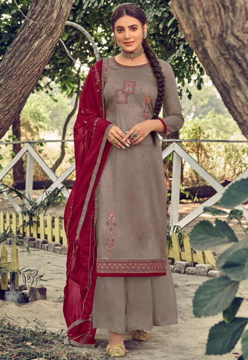 Embroidered Cotton Pakistani Suit in Grey