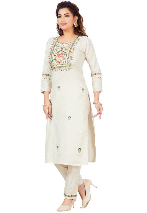 Embroidered Cotton Pakistani Suit in Light Beige