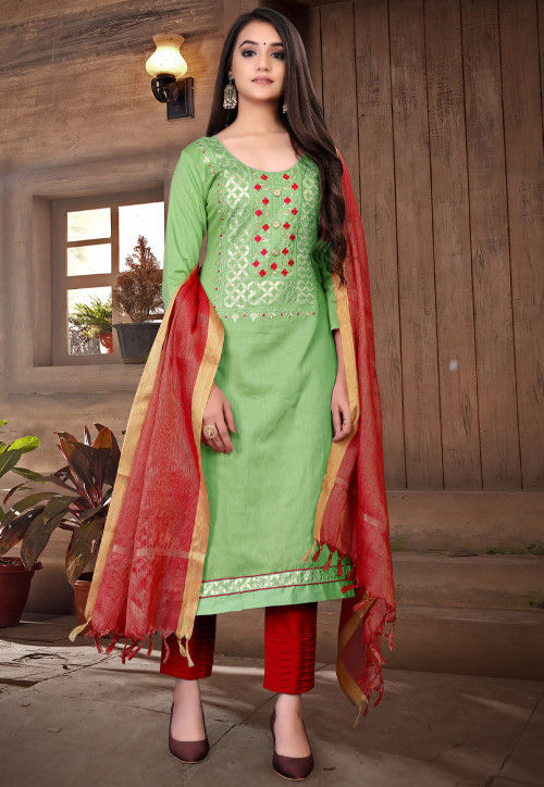 Buy Embroidered Cotton Pakistani Suit in Light Green Online : KJC533 -  Utsav Fashion