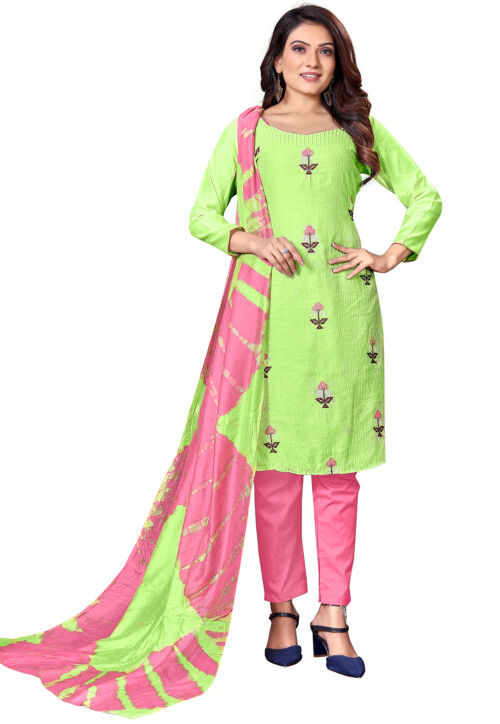 Embroidered Cotton Pakistani Suit in Light Green