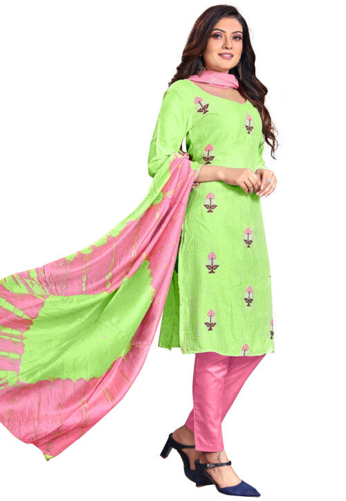 Embroidered Cotton Pakistani Suit in Light Green