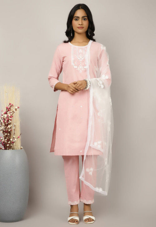 Embroidered Cotton Pakistani Suit in Light Pink