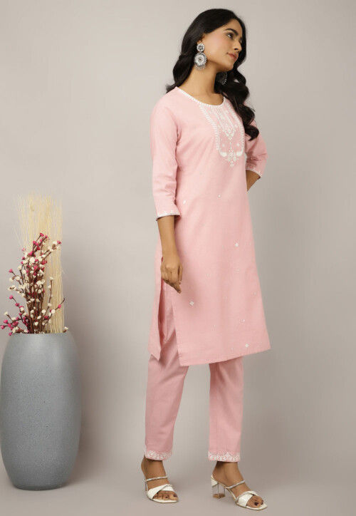 Embroidered Cotton Pakistani Suit in Light Pink