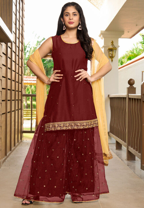 Buy Embroidered Cotton Pakistani Suit in Maroon Online KNF934