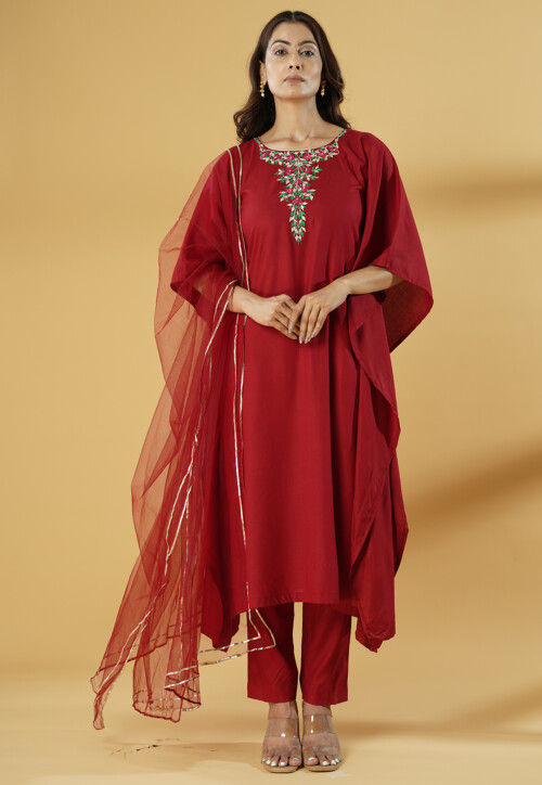 Embroidered Cotton Pakistani Suit in Maroon