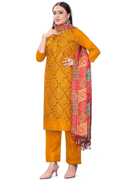 Embroidered Cotton Pakistani Suit in Mustard