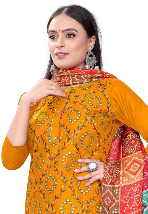 Embroidered Cotton Pakistani Suit in Mustard