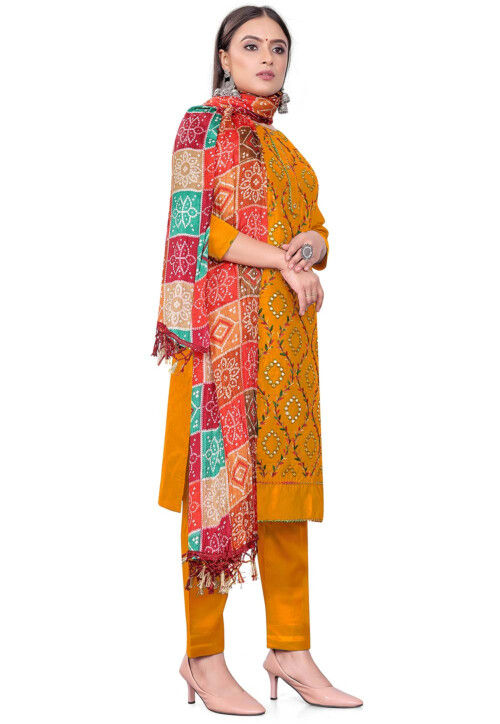 Embroidered Cotton Pakistani Suit in Mustard