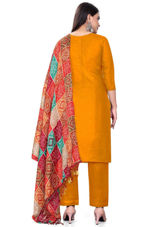 Embroidered Cotton Pakistani Suit in Mustard