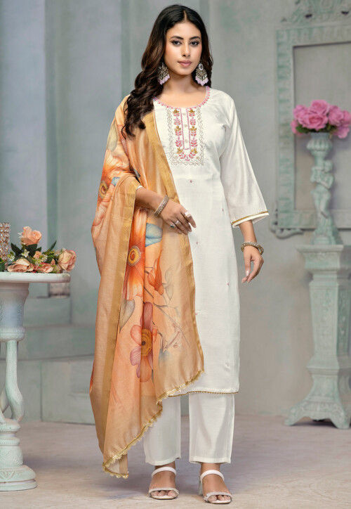 Embroidered Cotton Pakistani Suit in Off White