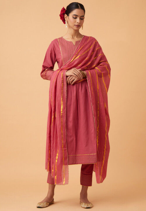 Embroidered Cotton Pakistani Suit in Old Rose