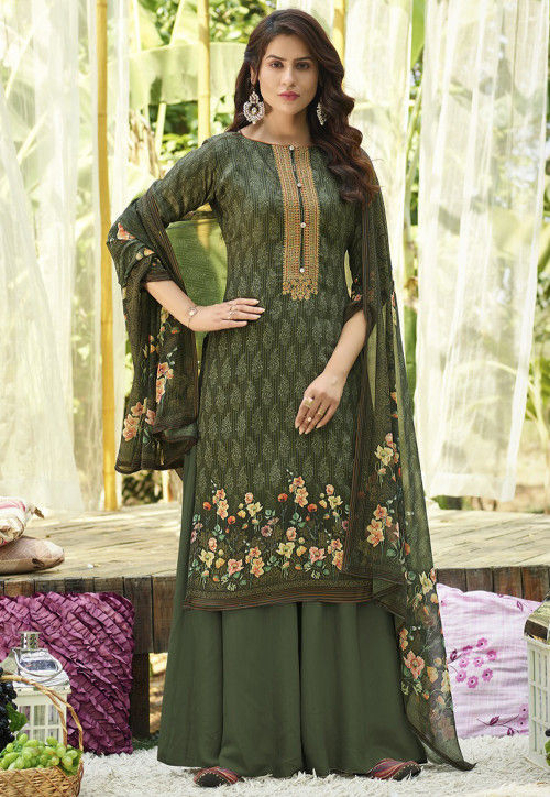 Embroidered Cotton Pakistani Suit in Olive Green : KCH6190