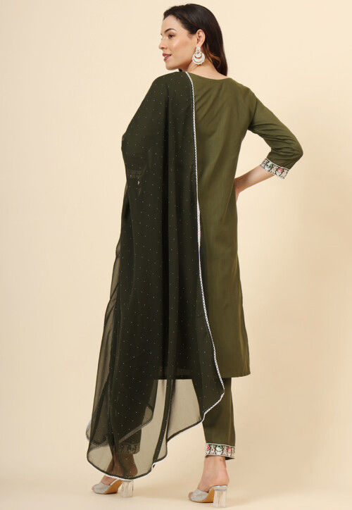 Pakistani Style dress Cotton Olive Green Printed Set