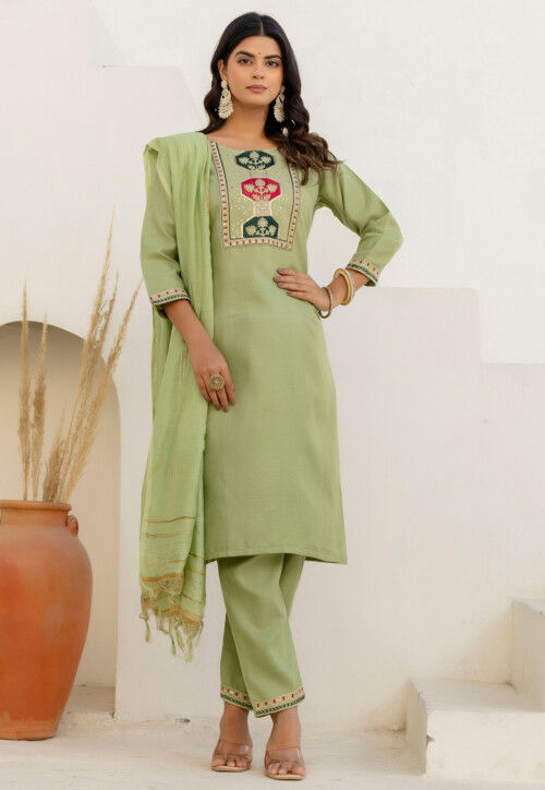 Embroidered Cotton Pakistani Suit in Pastel Green