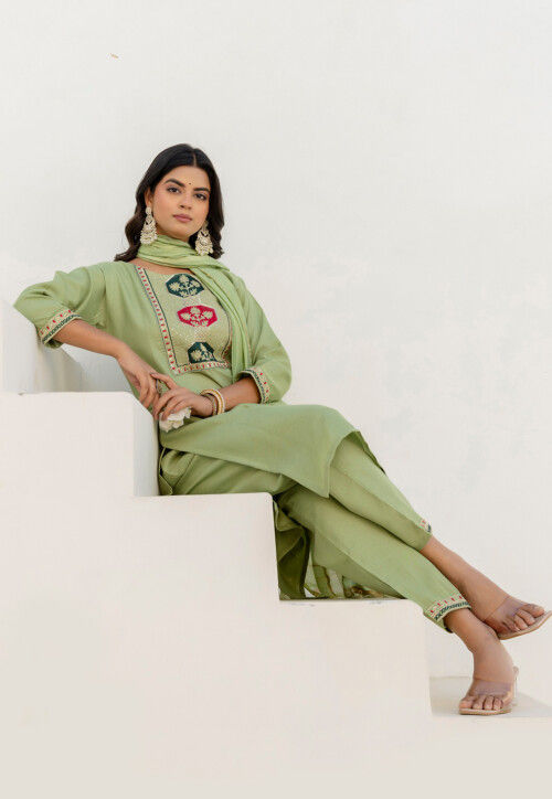 Embroidered Cotton Pakistani Suit in Pastel Green