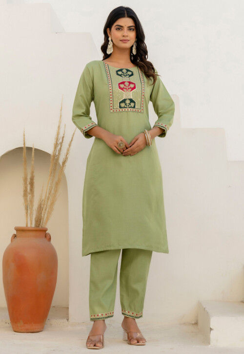 Embroidered Cotton Pakistani Suit in Pastel Green