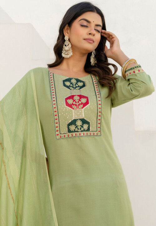 Embroidered Cotton Pakistani Suit in Pastel Green