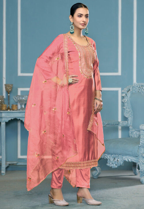 Embroidered Cotton Pakistani Suit in Peach