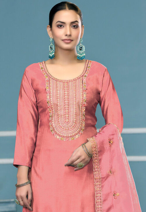 Embroidered Cotton Pakistani Suit in Peach