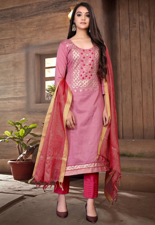 Buy Embroidered Cotton Pakistani Suit in Pink Online : KJC534 - Utsav ...