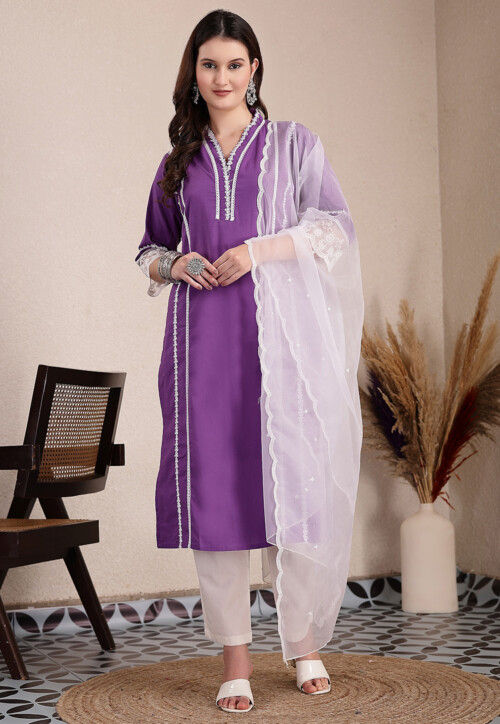 Embroidered Cotton Pakistani Suit in Purple