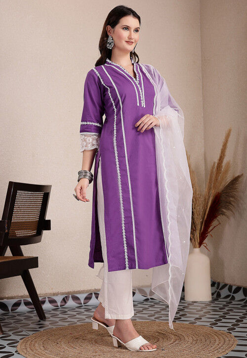 Embroidered Cotton Pakistani Suit in Purple