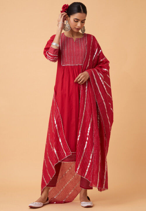 Embroidered Cotton Pakistani Suit in Red